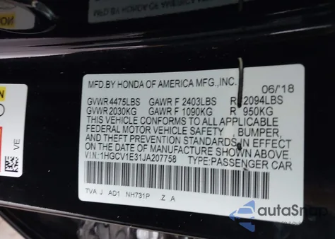 2018 Honda Accord Sport from USA, damaged, VIN 1HGCV1E31JA207758